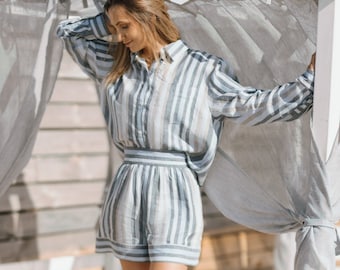 Linen Two Piece Set, Lounge Set Women, Suit Set, Wide Leg Pants, Women's Elegant Simple Linen Straight Two-piece Suit