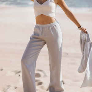 Wide Leg Linen Pants,  High Waisted Linen Pants With Pockets, Linen Trousers, Paper Bag Waist Pants
