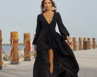 Black muslin dress / Maxi spring clothing / Summer dress / Boho photo shoot dress