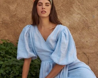 Sky blue  Wrap linen Dress, Muslin women dress,   Summer  Dress, Spring dress