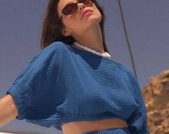 Muslin Crop Top, Blue muslin top, Cotton Peasant Blouse