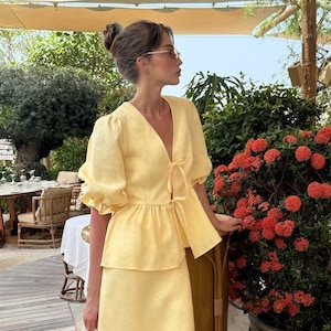Butter yellow Tie Front Linen Top, White Linen Jacket
