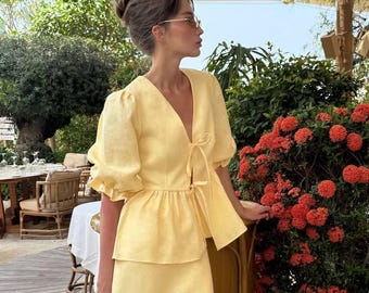 Butter yellow Tie Front Linen Top, White Linen Jacket