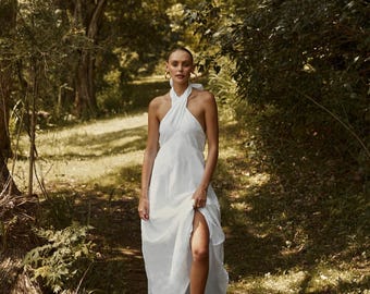 Vestido largo de lino con espalda descubierta, vestido de lino sin espalda, vestido con cuello halter, vestido de lino forrado, vestido blanco de verano para mujer