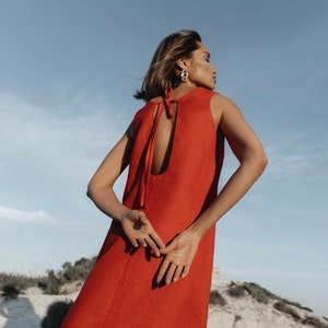 Red linen sun dress, Linen backless midi dress without sleeveless, Pinafore dress
