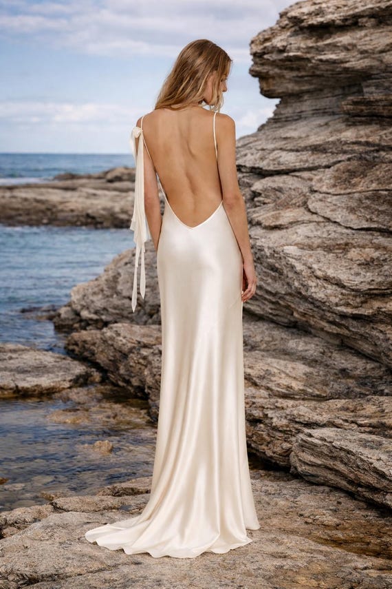Simple Wedding Dress With Cowl Neck Backless 100% Silk Wedding Dress Backless Bridal Gown Outfit for Reception or Special Occasion