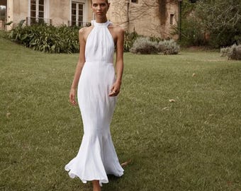 Simple wedding dress with halter neck Maxi Dress, , Rehearsal dinner dress, Backless Bridal Gown Outfit for Reception or Special Occasion