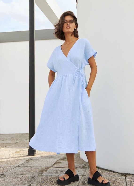 knee length dresses for ladies Midi Length Linen Wrap Dress, XL / Gray main image 1
