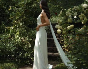 Simple Wedding Silk Dress, Backless Halter Gown with Train, Bias Cut Bridal Dress