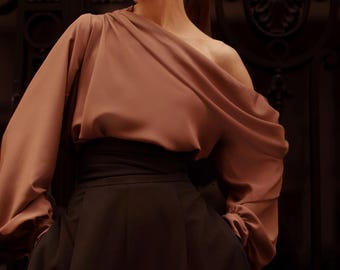 One Shoulder Top – Elegant Draped Formal Top with Pearl Button Sleeves, Asymmetrical Office to Evening Blouse, Holiday Party Wear