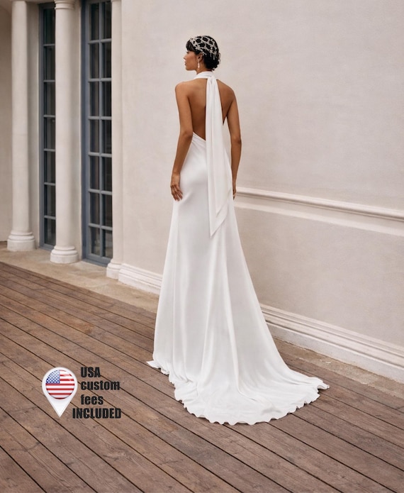Simple Wedding Satin Slip Dress with Halter Neck, Backless Bridal Gown for Reception