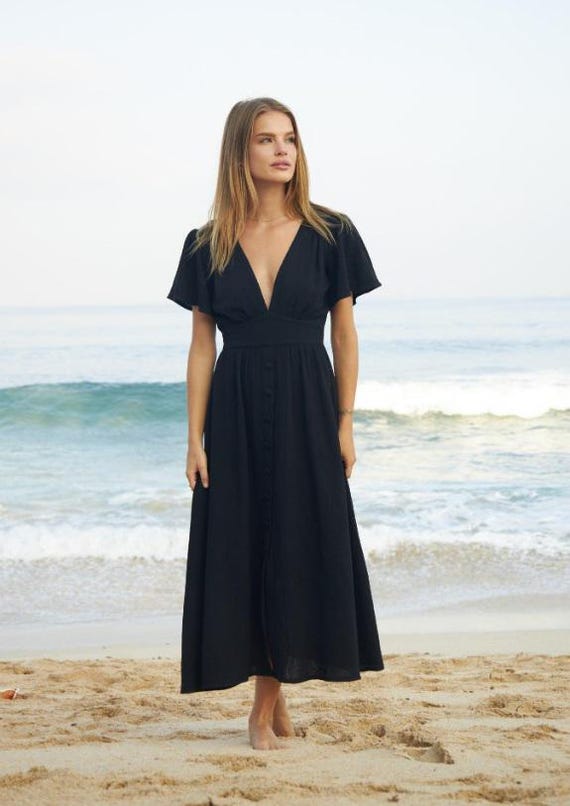 black cotton summer dress Jenni Kayne Summer Midi Dress Black Size L cotton linen