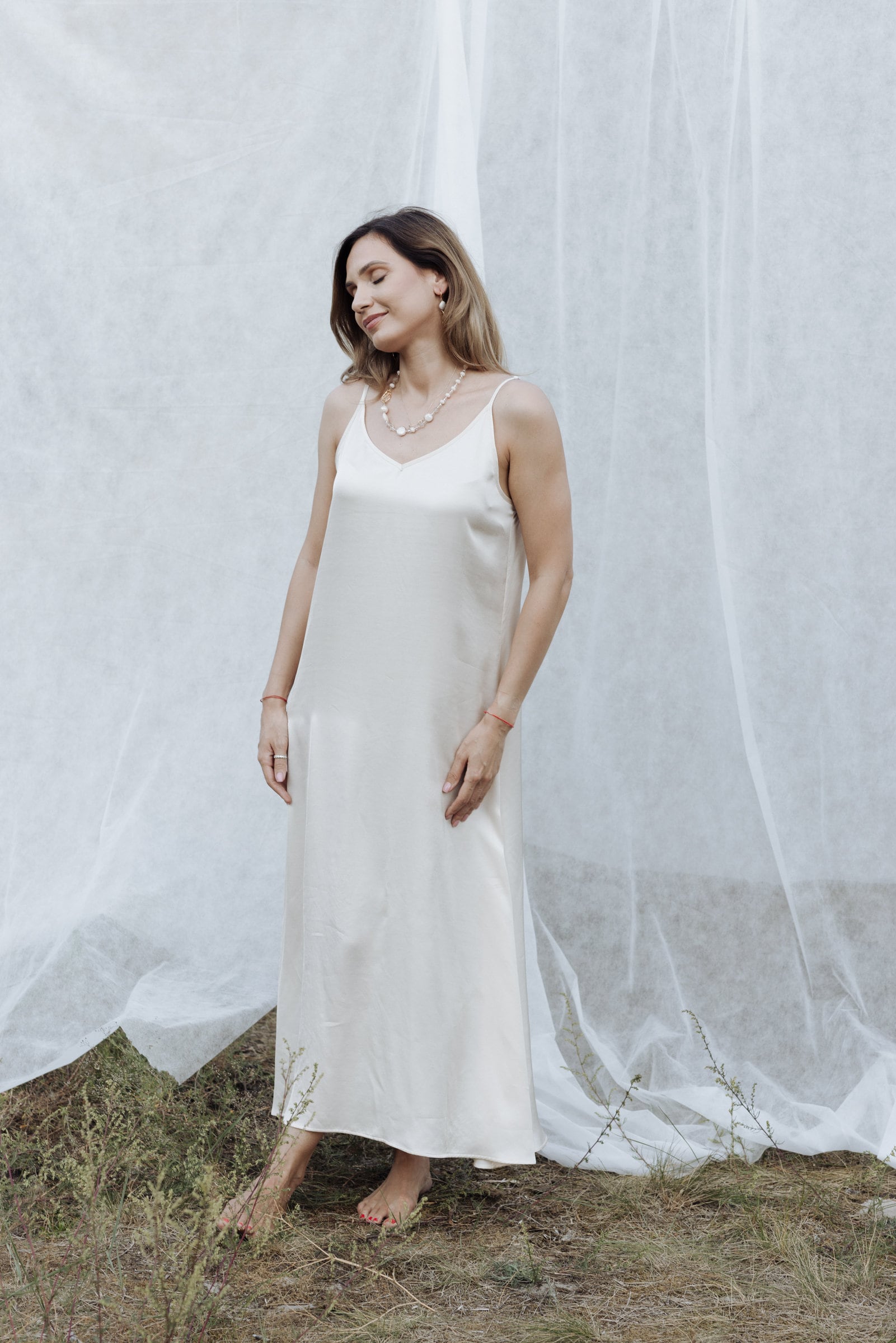 Mulberry Silk Slip Dress Champagne Bias Cut Nightgown Adjustable Straps Spaghetti Strap Night