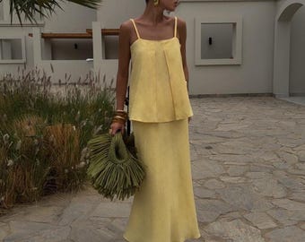 Butter Yellow Two piece linen set, Top and skirt linen outfit, Strap linen top, Loose fit inen top, Long linen skirt, Women's linen outfit