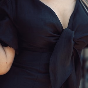 Black Linen midi dress Elegant linen dress with sleeves Womens clothing image 5