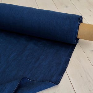 Midnight Blue 100% Washed Linen, Soft Organic Fabric by the Yard for Apparel, Quilting, Enzyme washed, European flax, OKEO-TEX certified