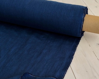 Midnight Blue 100% Washed Linen, Soft Organic Fabric by the Yard for Apparel, Quilting, Enzyme washed, European flax, OKEO-TEX certified