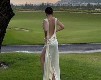 Vestido de novia de seda color marfil con espalda descubierta, vestido de novia atemporal, vestido de seda sin espalda