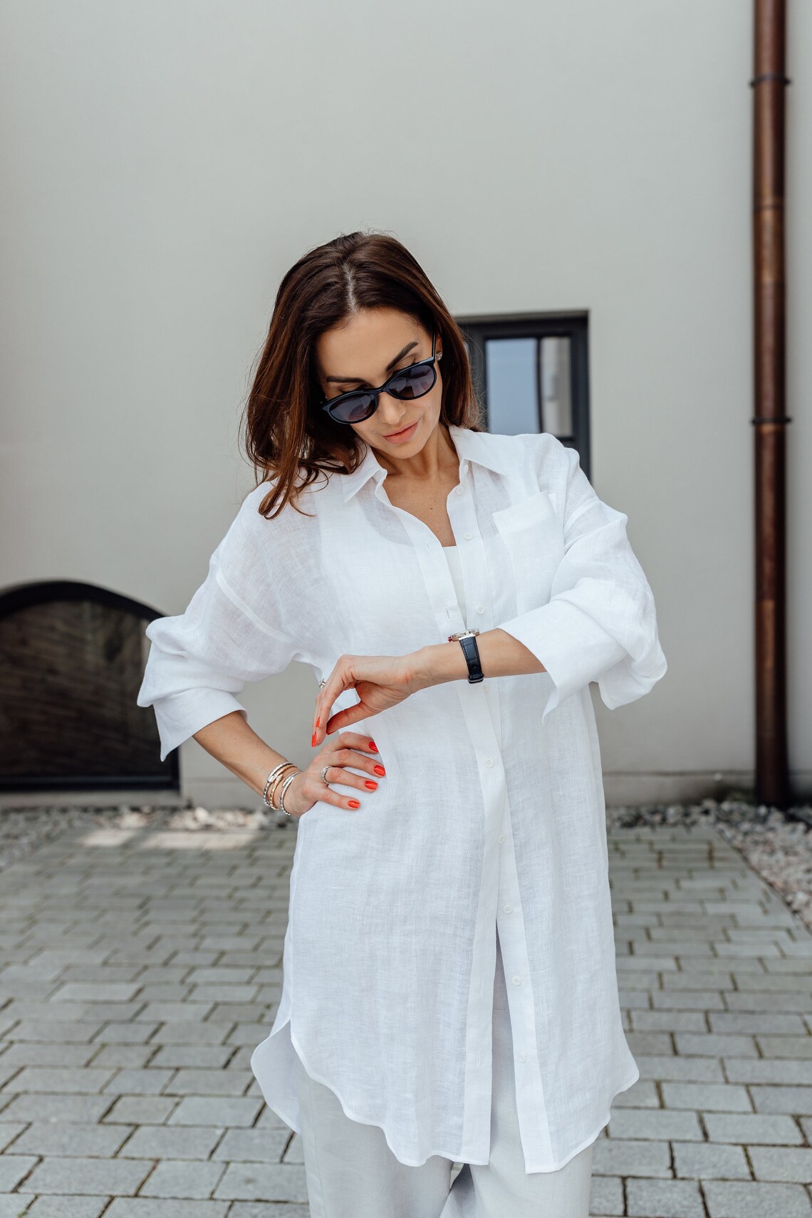 White linen shirt dress