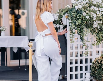 Leinenhose weites Bein High Waist Leinenhose