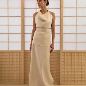 Two Piece Natural Linen Wedding Dress, Fit And Flare Wedding Dress, Linen Two Piece Set, Linen long skirt, Linen backless top, A-line dress