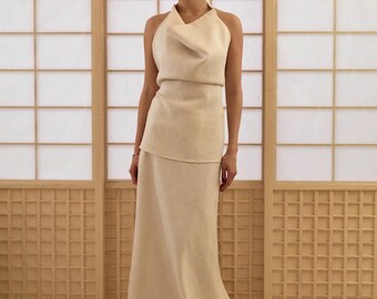 Two Piece Natural Linen Wedding Dress, Fit And Flare Wedding Dress, Linen Two Piece Set, Linen long skirt, Linen backless top, A-line dress