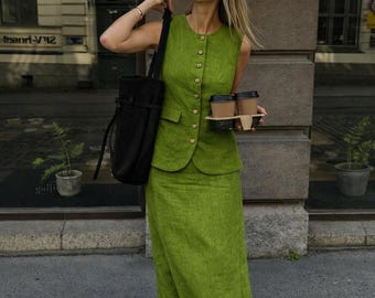 Linen Skirt Set for Women, High Waisted Linen Maxi Skirt and Vest, Linen Two Piece Outfit, Summer Linen Suit, Matching Linen Set