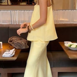 Butter Yellow Two piece linen set, Top and skirt linen outfit, Strap linen top, Loose fit inen top, Long linen skirt, Women&#39;s linen outfit