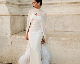 Capa de novia de gasa con plumas, capa de boda a medida para novia, capa transparente, vestido de novia bohemio, capa, velo, chal, capa personalizada