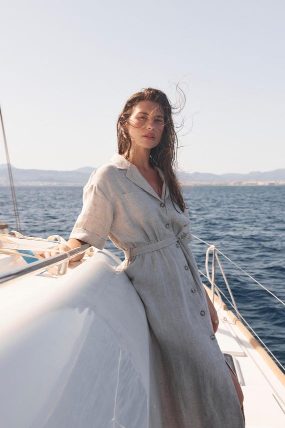 Natural Linen Shirt Dress, Prewashed Linen Dress, Belted Linen