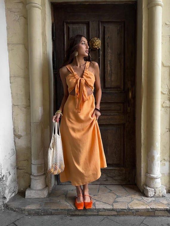 tie front cut out midi dress Linen-Blend Cutout Tie-Front Midi Dress