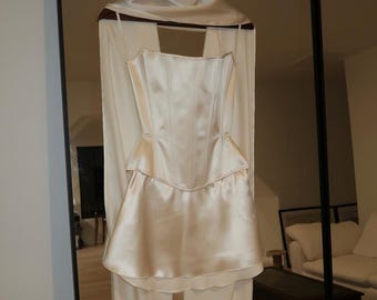 Pearl White Satin Corset, Mini Skirt and Scarf for Maggie