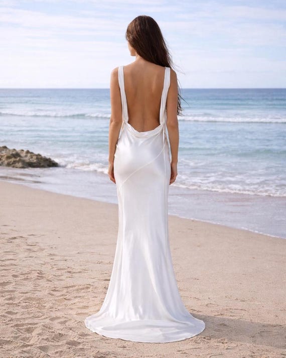 backless slip wedding dress Back Cowl Silk Dress, Bias Cut Bridal Gown, Wedding Dress, Minimalist Wedding Dress, Slip Bridal Noric Women's Halter Backless Fit:Tailored Aug-Bridal Loves lace Chapel Train Neckline