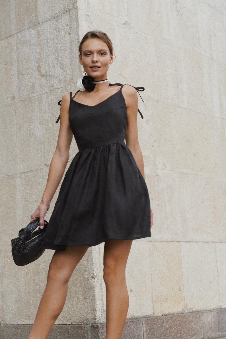 Black little dress linen Elegant mini dress image 3