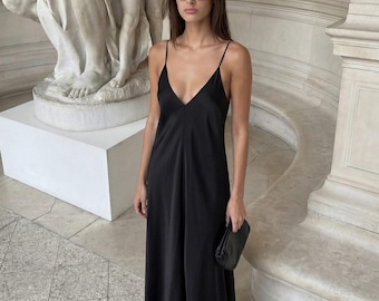 Vestido largo de satén con tirantes ajustables, vestido de corte al bies, vestido de noche para invitadas de graduación y boda, vestido de noche elegante