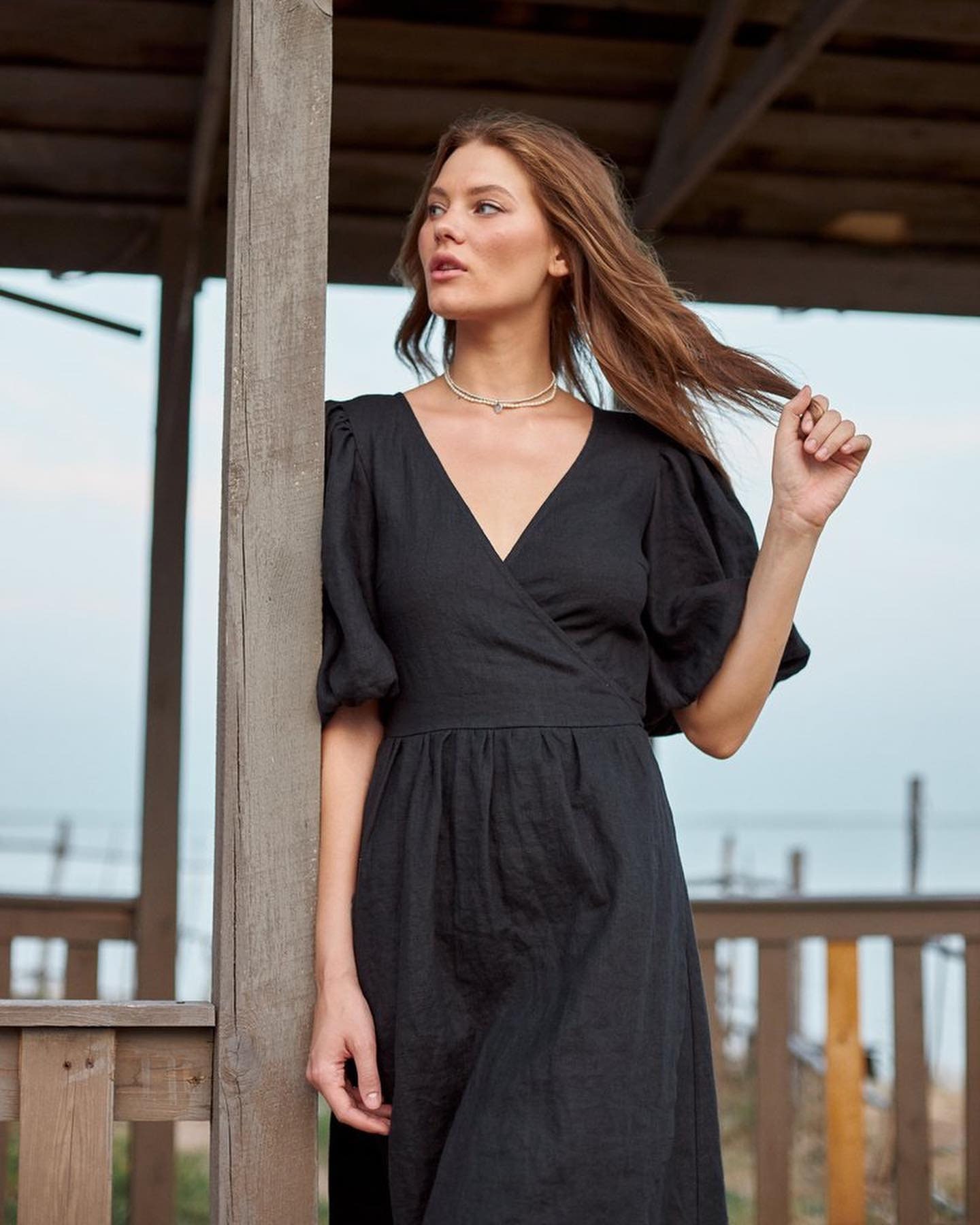 black linen summer dress Black Linen Wrap Dress, Linen Dress With Pockets, Summer Midi Dress