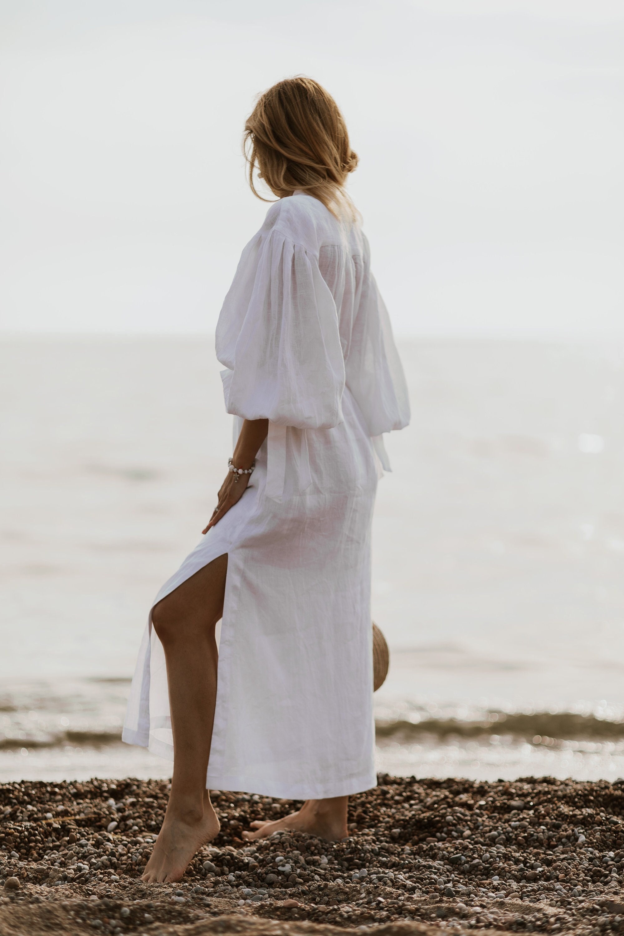 White linen dress, linen long dress, Puff sleeves linen dress