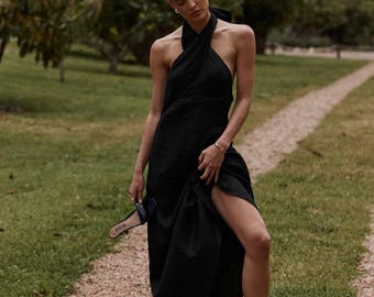 Vestido largo de lino con espalda descubierta, vestido de lino sin espalda, vestido con cuello halter, vestido de lino de verano para mujer, vestido para vacaciones en resort