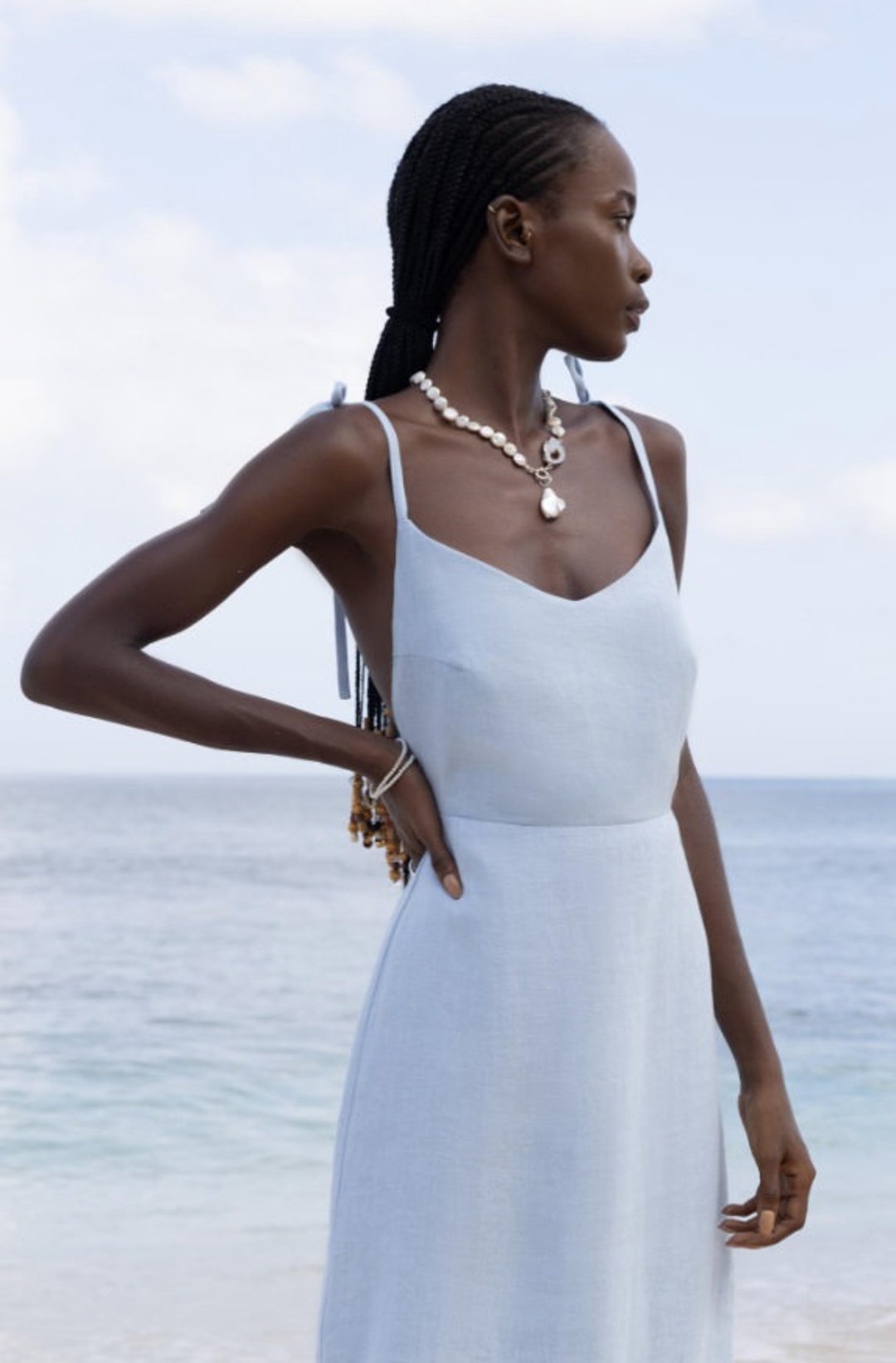 strapless open back dress Emma Baby Blue Linen Mini Dress - XL Size - Women's Dresses