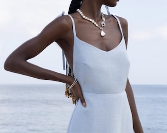 Robe longue en lin bleu pastel, robe en lin sans manches, robe d'été en lin