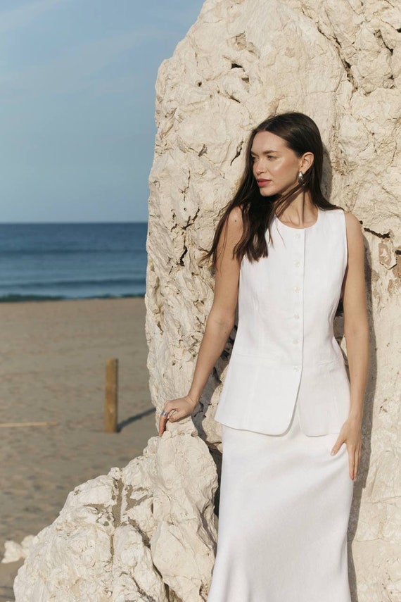 Two Pieces Linen Dress White Linen Dress Linen Vest White Linen Skirt - Etsy