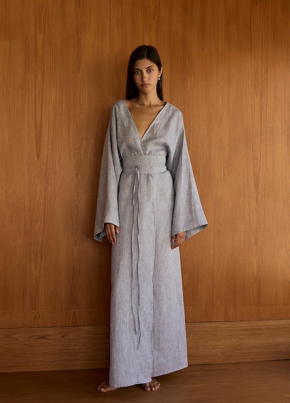 Bikini cover up, Linen long kimono dress, Linen lounge wear, High low dress asian style
