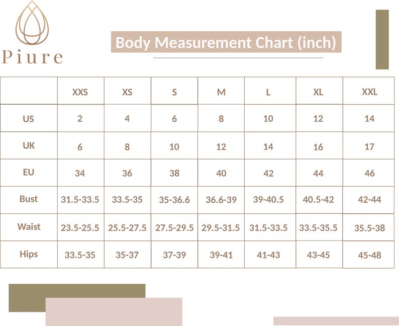 Puede incluir: Una tabla de tallas para ropa de mujer en pulgadas. La tabla muestra tallas de XXS a XXL, con las medidas correspondientes para las tallas de EE. UU., Reino Unido y UE. Las medidas se proporcionan para el busto, la cintura y las caderas.