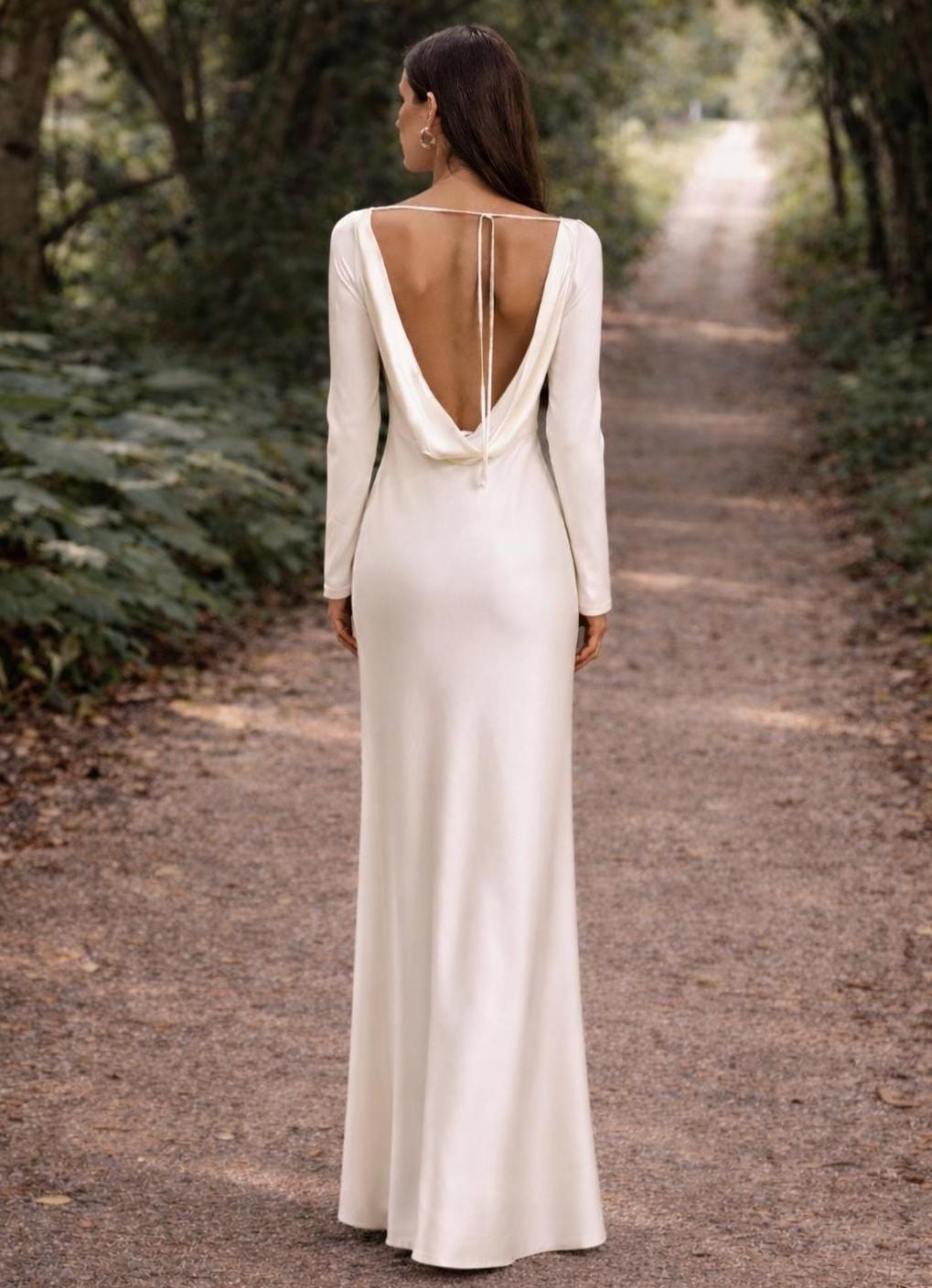 Elegant Modest Mulberry Silk Wedding Dress, Minimalist Backless Slip Bridal Gown With Long Sleeves, White Cream Premium Silk