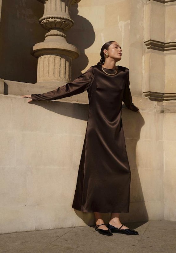 Brown Satin Long Sleeve Formal Dress