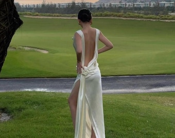 Ivory silk wedding dress with open back, Timeless wedding gown, Backless silk gown