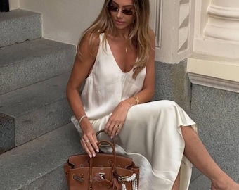 Silk Satin Two Piece Set Slip Tank Top and Maxi Skirt, Minimalist Satin Set