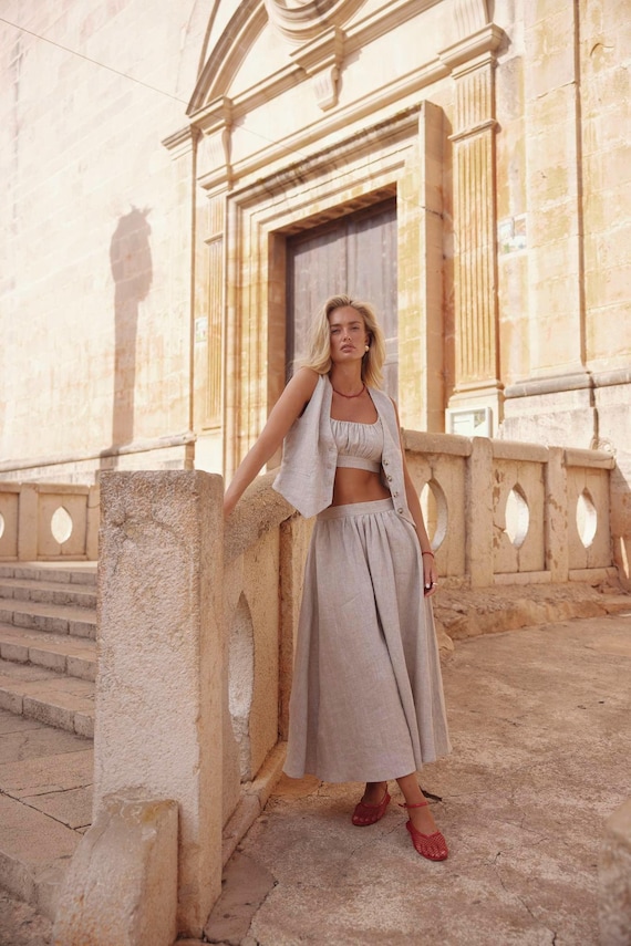 Long linen skirt, Natural linen skirt, Linen skirt with pockets, Linen maxi  skirt, Ruffled back skirt