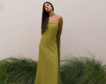 Sage Green Linen Maxi Dress, Boho Thin Straps dress, Natural linen dress, Summer linen dress
