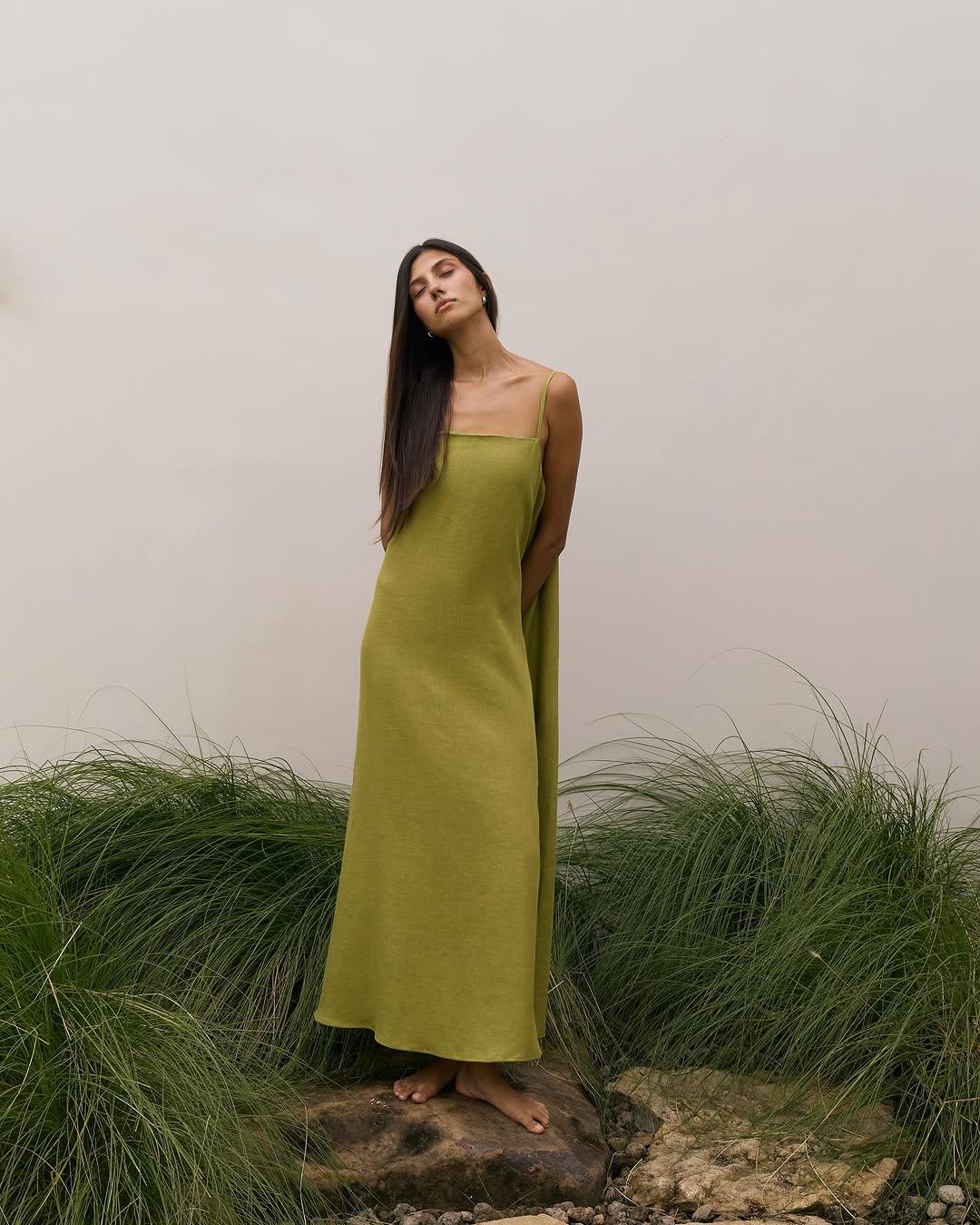 Sage Green linen Maxi dress, Boho Thin Straps dress, Natural linen dress, Summer linen dress